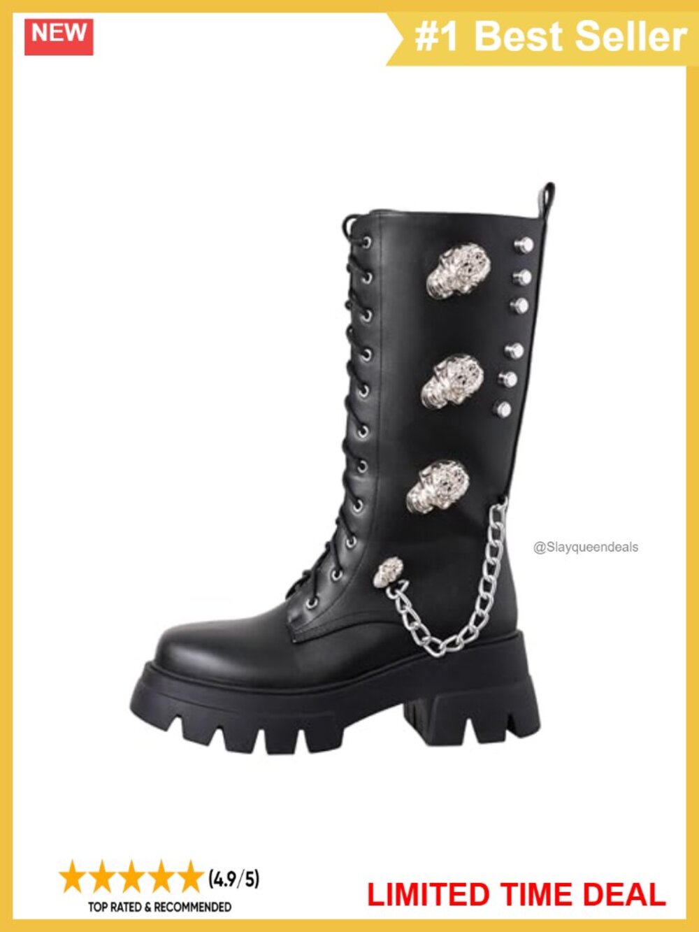 Faux Leather Mid Calf Combat Boots Skull Chain Side Zip Block Heel
